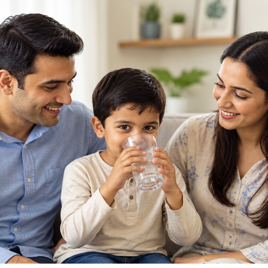 Indian family watching their son drink a glass of clean, safe water
